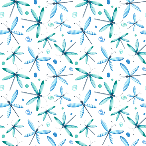 Seamless 3D PBR Watercolor Dragonfly Pattern Texture in Blue-Green Tones
