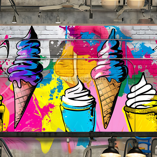 Seamless 3D PBR Graffiti Texture Featuring Vibrant Ice Cream Cone Artwork on Brick Wall