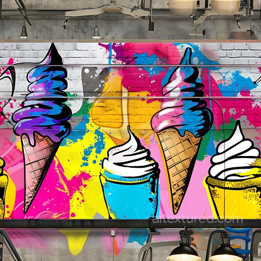 Seamless 3D PBR Graffiti Texture Featuring Vibrant Ice Cream Cone Artwork on Brick Wall texture preview