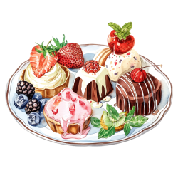 seamless Breakfast Dessert Platter Illustration with Fresh Berries and Mini Cakes texture 8k free download PBR