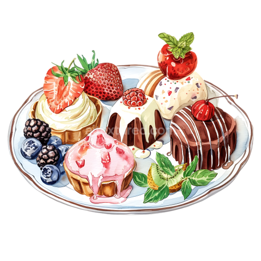 Breakfast Dessert Platter Illustration with Fresh Berries and Mini Cakes