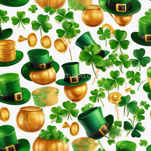 Seamless 3D PBR Texture Featuring St Patrick Icons with Green Shamrocks and Gold Pots