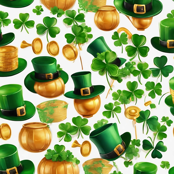 Featuring St Patrick Icons with Green Shamrocks and Gold Pots seamless PBR texture preview