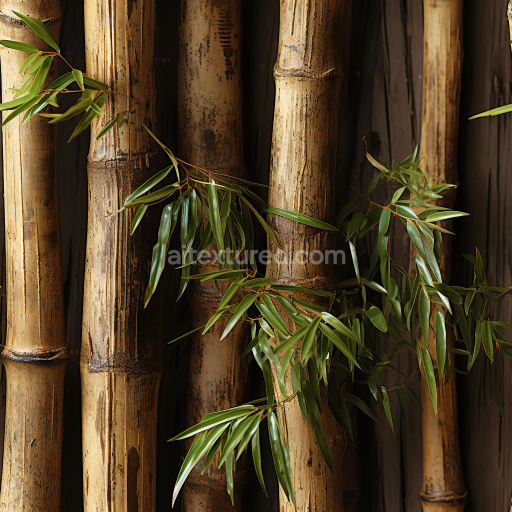 Seamless 3D PBR Texture of Weathered Bamboo Culms with Natural Green Leaves