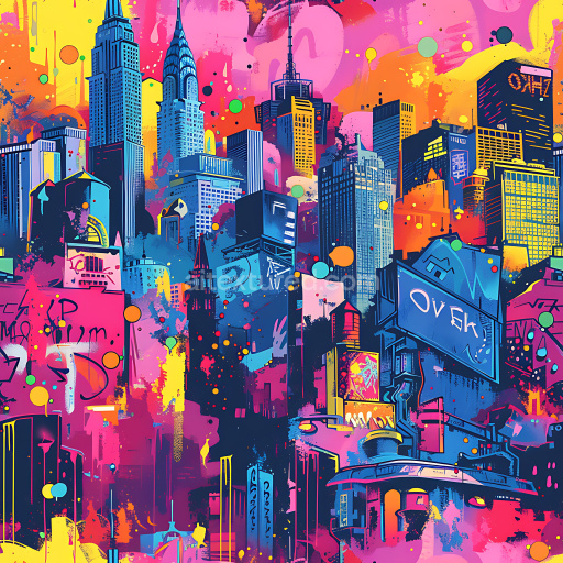 Seamless 3D PBR Texture of Vibrant Urban Graffiti Cityscape with Neon Colors