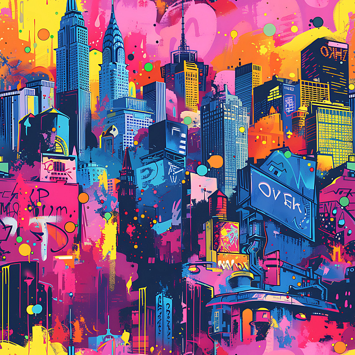 Vibrant Urban Graffiti Cityscape with Neon Colors seamless PBR texture preview