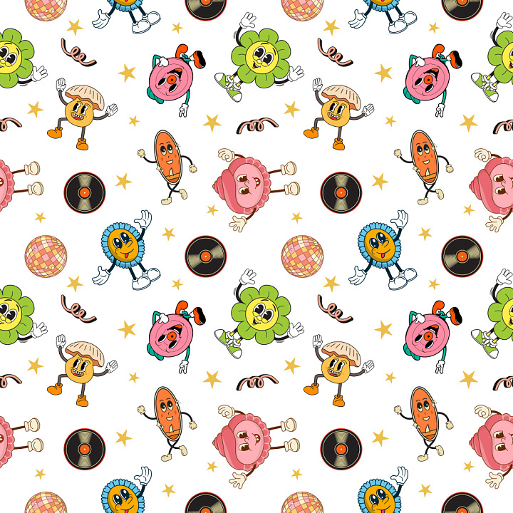 Pattern with Retro Cartoon Characters and Playful Motifs seamless PBR texture preview