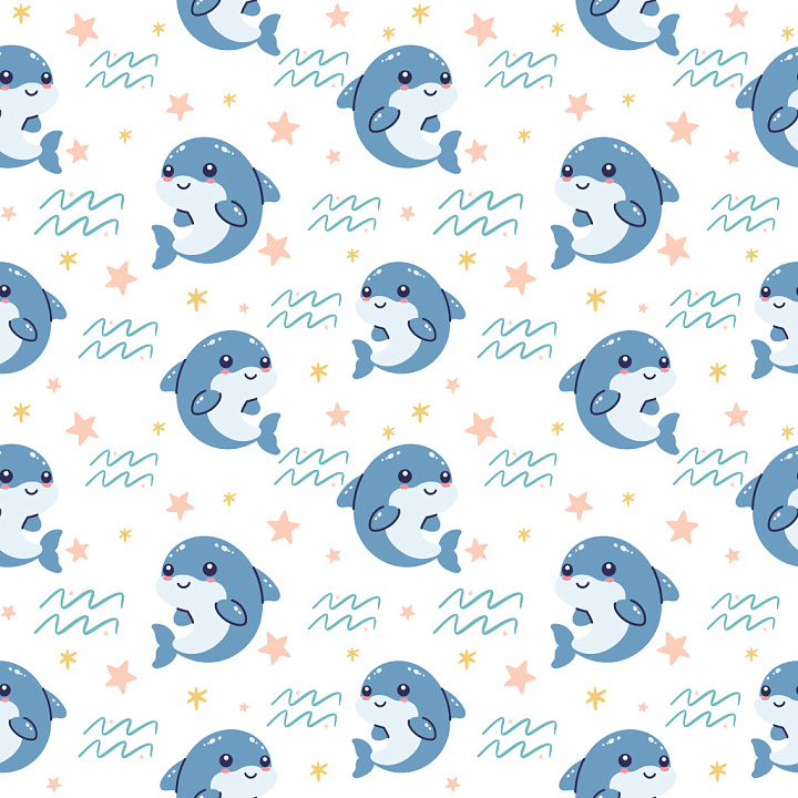 Pattern Featuring Playful Cartoon Dolphins with Star and Wave Motifs seamless PBR texture preview