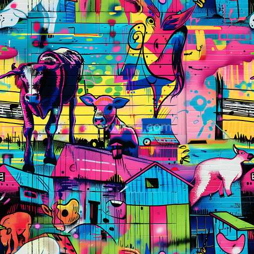 Seamless 3D PBR Texture Featuring Colorful Graffiti Animal Mural on Wall