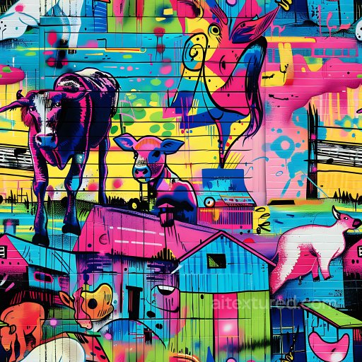 Seamless 3D PBR Texture Featuring Colorful Graffiti Animal Mural on Wall texture preview