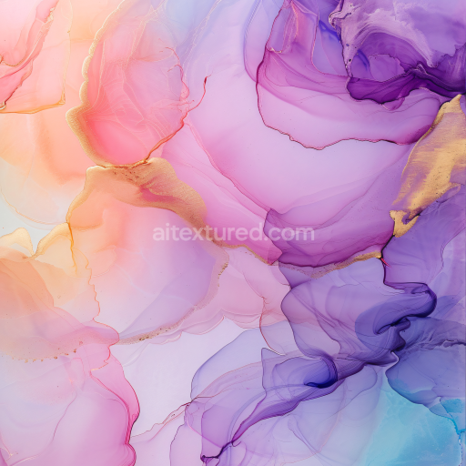 Seamless 3D Alcohol Ink PBR Texture Featuring Pastel Purple Hues with Gold Veins and Fluid Transitions