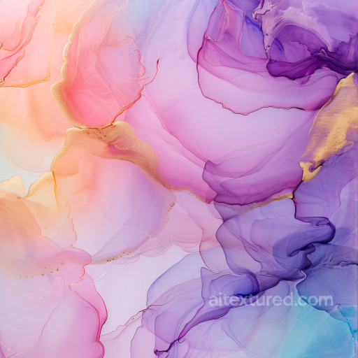Alcohol Ink PBR Texture Featuring Pastel Purple Hues with Gold Veins and Fluid Transitions seamless Alcohol ink PBR texture