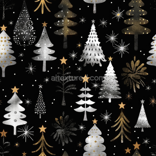 Seamless 3D PBR Digital Paper Texture Featuring Gold and Silver Stylized Christmas Trees on Black