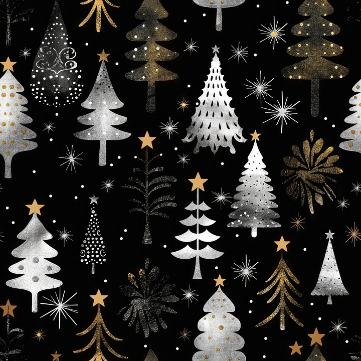 Digital Paper Featuring Gold and Silver Stylized Christmas Trees on Bla… seamless PBR texture preview