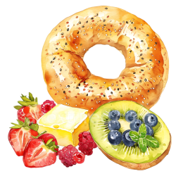 seamless Watercolor Style Bagel with Butter and Fresh Fruit Breakfast PNG texture 8k free download PBR