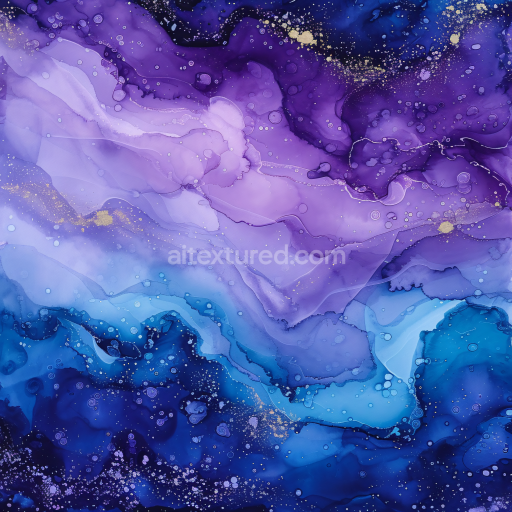 Seamless 3D Alcohol Ink PBR Texture Featuring Violet and Blue Fluid Waves with Gold Accents