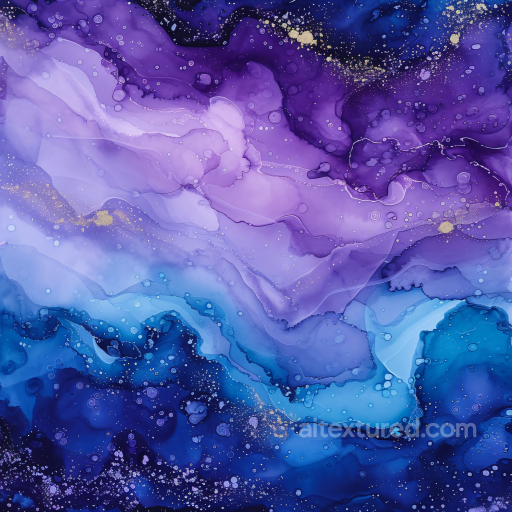 Alcohol Ink PBR Texture Featuring Violet and Blue Fluid Waves with Gold Accents seamless Alcohol ink PBR texture