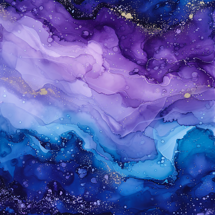 Alcohol Ink Featuring Violet and Blue Fluid Waves with Gold Accents seamless PBR texture preview