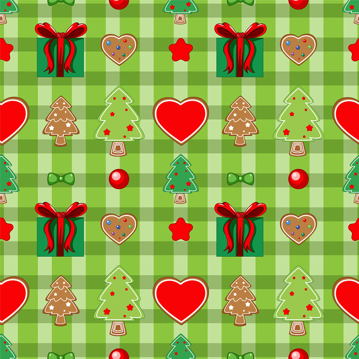 Christmas Digital Paper with Green Plaid and Festive Icons seamless PBR texture preview