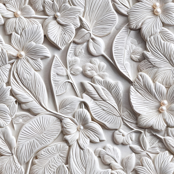 Embossed White Leather with Floral Pattern and Pearl Accents seamless PBR texture preview