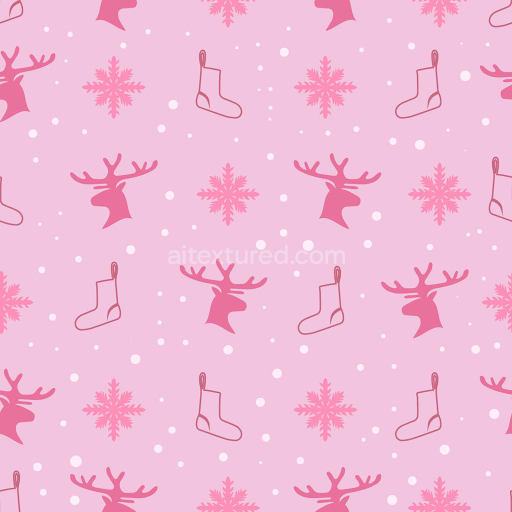 Seamless 3D PBR Pink Christmas Digital Paper Texture with Deer, Stockings, and Snowflakes