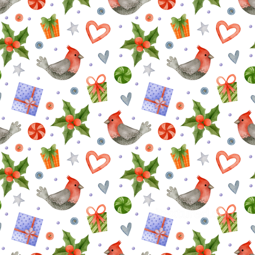 Watercolor Christmas Pattern Texture with Festive Birds and Gifts seamless Watercolor Christmas PBR texture