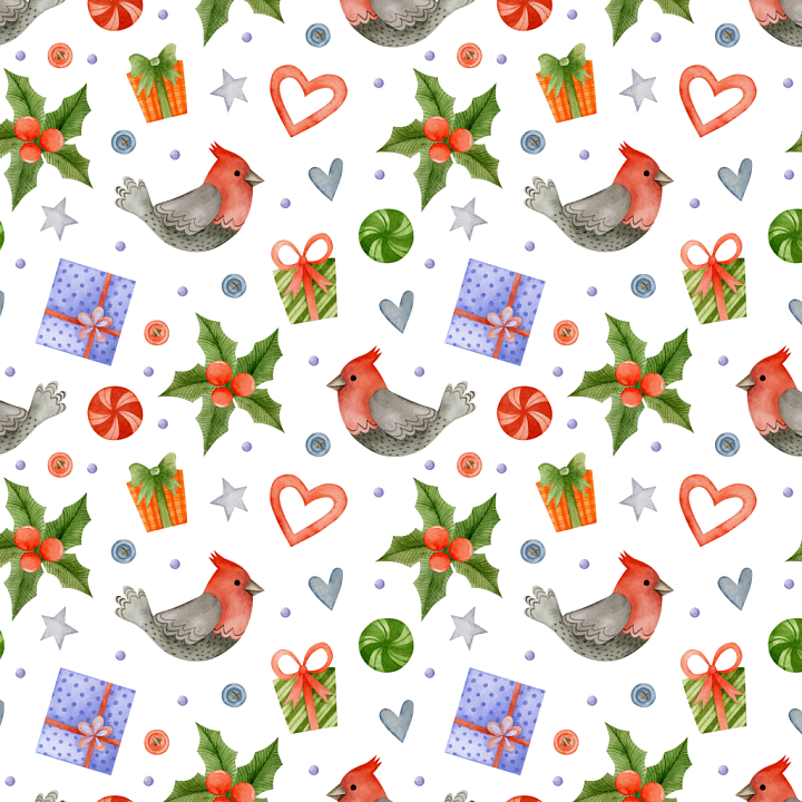 Watercolor Christmas Pattern with Festive Birds and Gifts seamless PBR texture preview