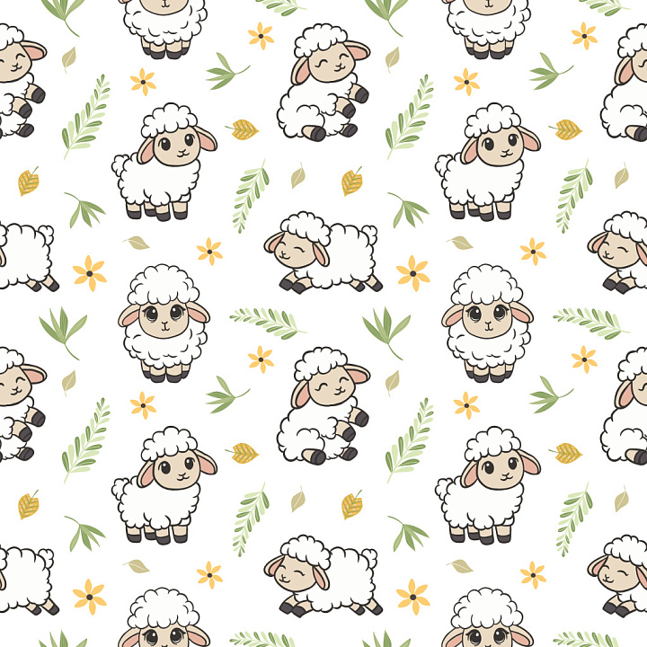 Pattern Featuring Adorable Sheep and Delicate Floral Motifs seamless PBR texture preview