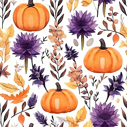 Seamless 3D PBR Watercolor Halloween Texture with Pumpkins and Purple Flowers