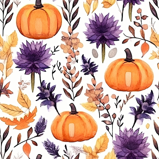Watercolor Halloween Texture with Pumpkins and Purple Flowers seamless Watercolor Halloween PBR texture