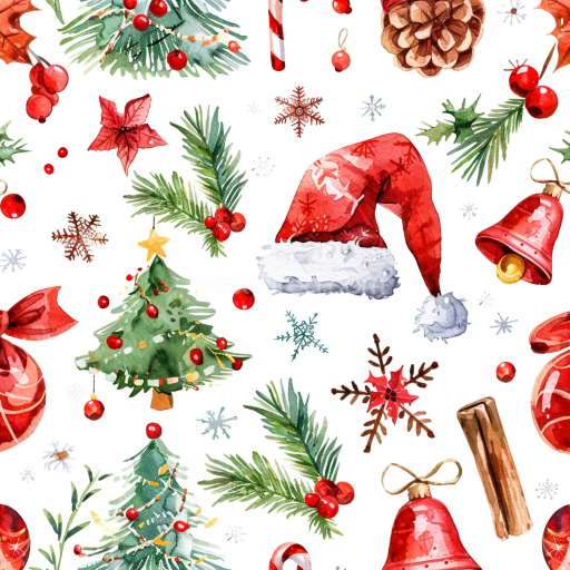 Seamless 3D PBR Watercolor Christmas Texture with Festive Holiday Motifs