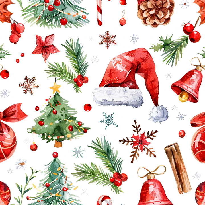 Watercolor Christmas with Festive Holiday Motifs seamless PBR texture preview