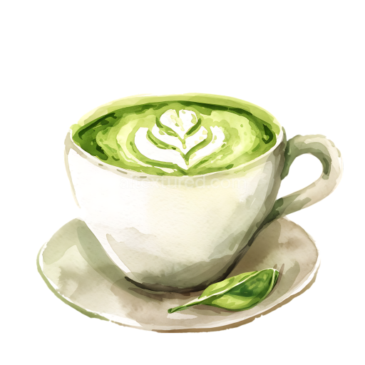 Watercolor Matcha Latte Breakfast Cup with Leaf Decoration