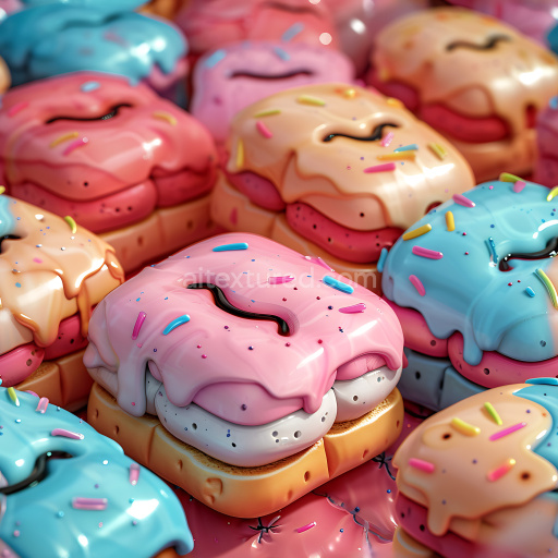 Seamless 3D Inflated PBR Texture of Pastel Vinyl Donut-Like Cushions with Sprinkles