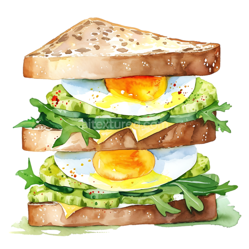 Watercolor Egg Salad Sandwich Breakfast Illustration with Greens and Bread