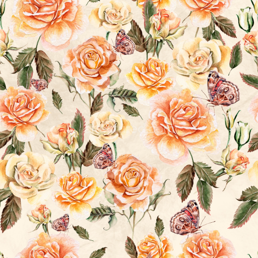Seamless 3D PBR Texture of Watercolor Orange and Cream Roses with Butterflies