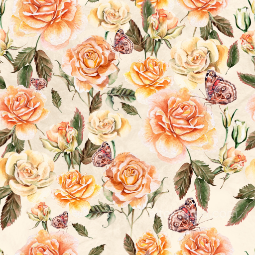 Flower Texture of Watercolor Orange and Cream Roses with Butterflies seamless Flower PBR texture