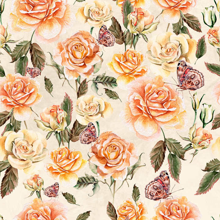 Flower of Watercolor Orange and Cream Roses with Butterflies seamless PBR texture preview