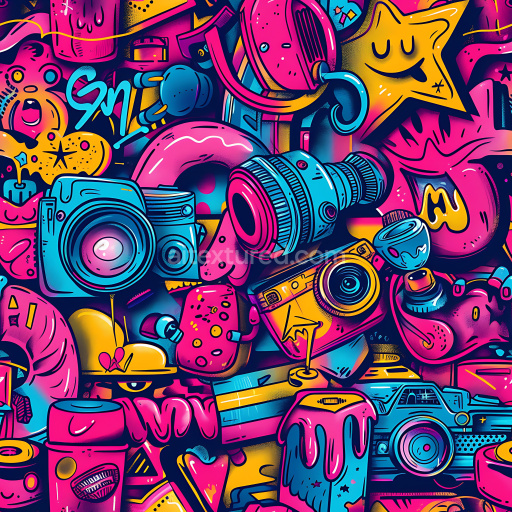 Seamless 3D PBR Texture Featuring Vibrant Cartoon Cameras, Drips & Stars Graffiti