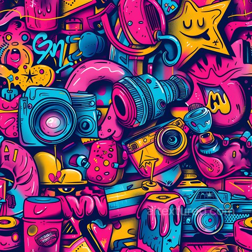 Seamless 3D PBR Texture Featuring Vibrant Cartoon Cameras, Drips & Stars Graffiti texture preview
