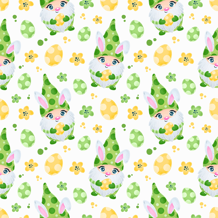 Cartoon St Patrick Gnomes and Easter Eggs seamless PBR texture preview