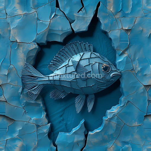 Seamless 3D cracked blue paint PBR texture featuring fish relief with peeled flakes