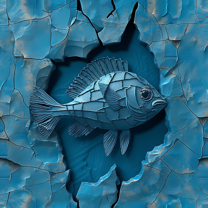 Cracked Blue Paint Featuring Fish Relief With Peeled Flakes seamless PBR texture preview