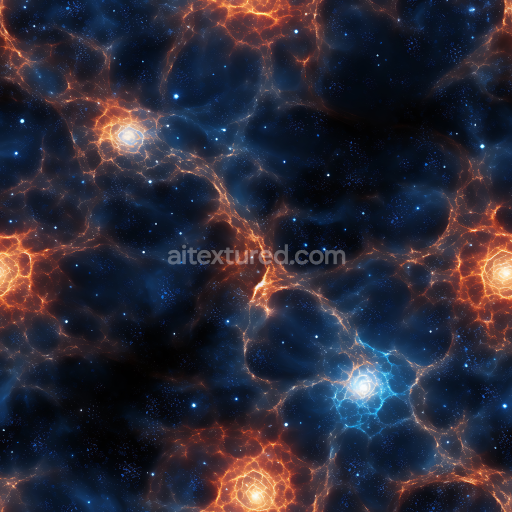 Seamless 3D Space PBR Texture Featuring Fiery Plasma Nebula and Glowing Cosmic Filaments