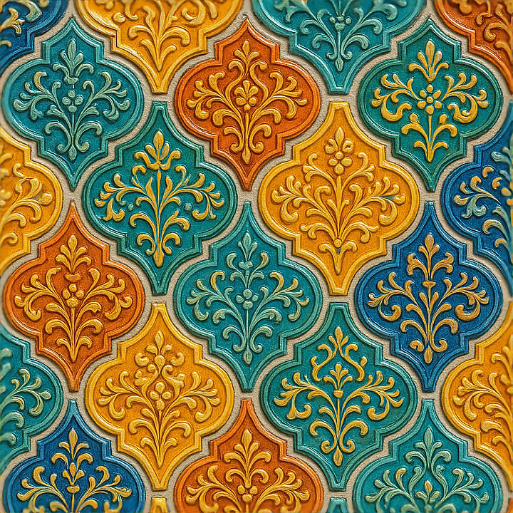 Ceramic Tiles Mosaic With Arabesque Design And Vibrant Colors seamless PBR texture preview