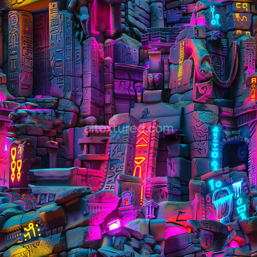 Seamless 3D PBR Texture of Neon-Lit Graffiti with Ancient Symbolic Patterns