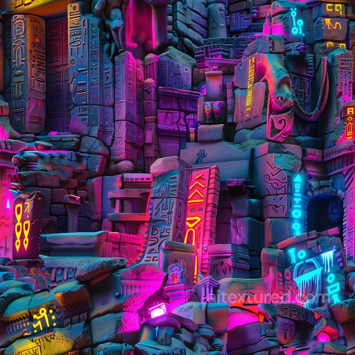 Seamless 3D PBR Texture of Neon-Lit Graffiti with Ancient Symbolic Patterns texture preview
