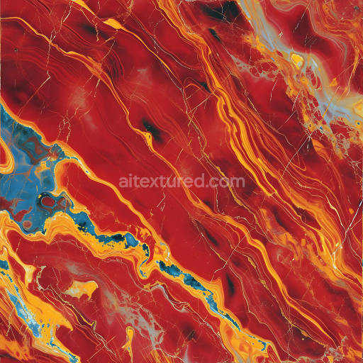 Seamless Glossy Red Marble PBR Texture with Dynamic Yellow and Blue Vein Swirling