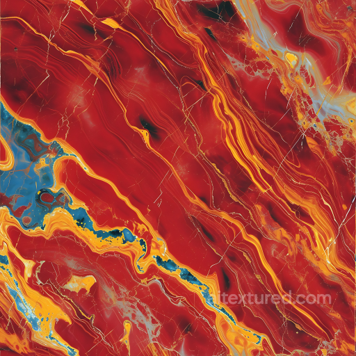 Seamless Glossy Red Marble PBR Texture with Dynamic Yellow and Blue Vein Swirling seamless Marble PBR texture