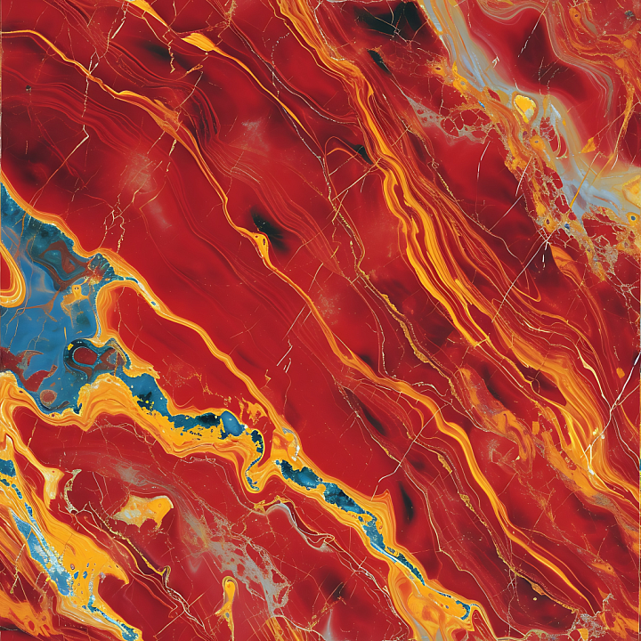 Glossy Red Marble with Dynamic Yellow and Blue Vein Swirling seamless PBR texture preview
